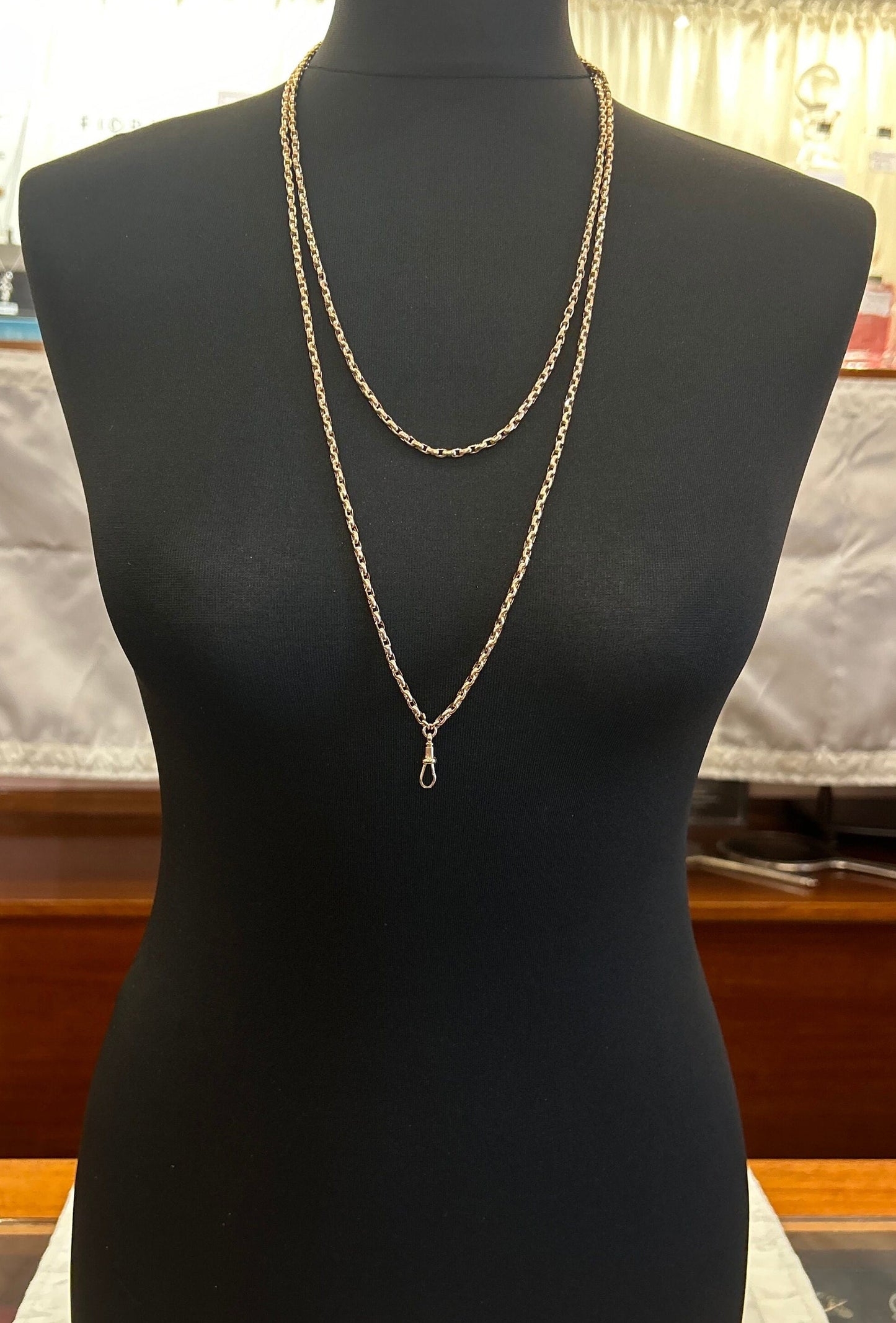 Antique 9ct Rose Gold Guard Chain. Victorian Gold Muff Chain, Long Chain. English Circa 1890. 56 Inches.