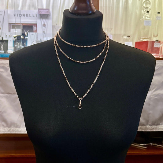Antique 9ct Rose Gold Guard Chain. Victorian Gold Muff Chain, Long Chain. English Circa 1890. 56 Inches.