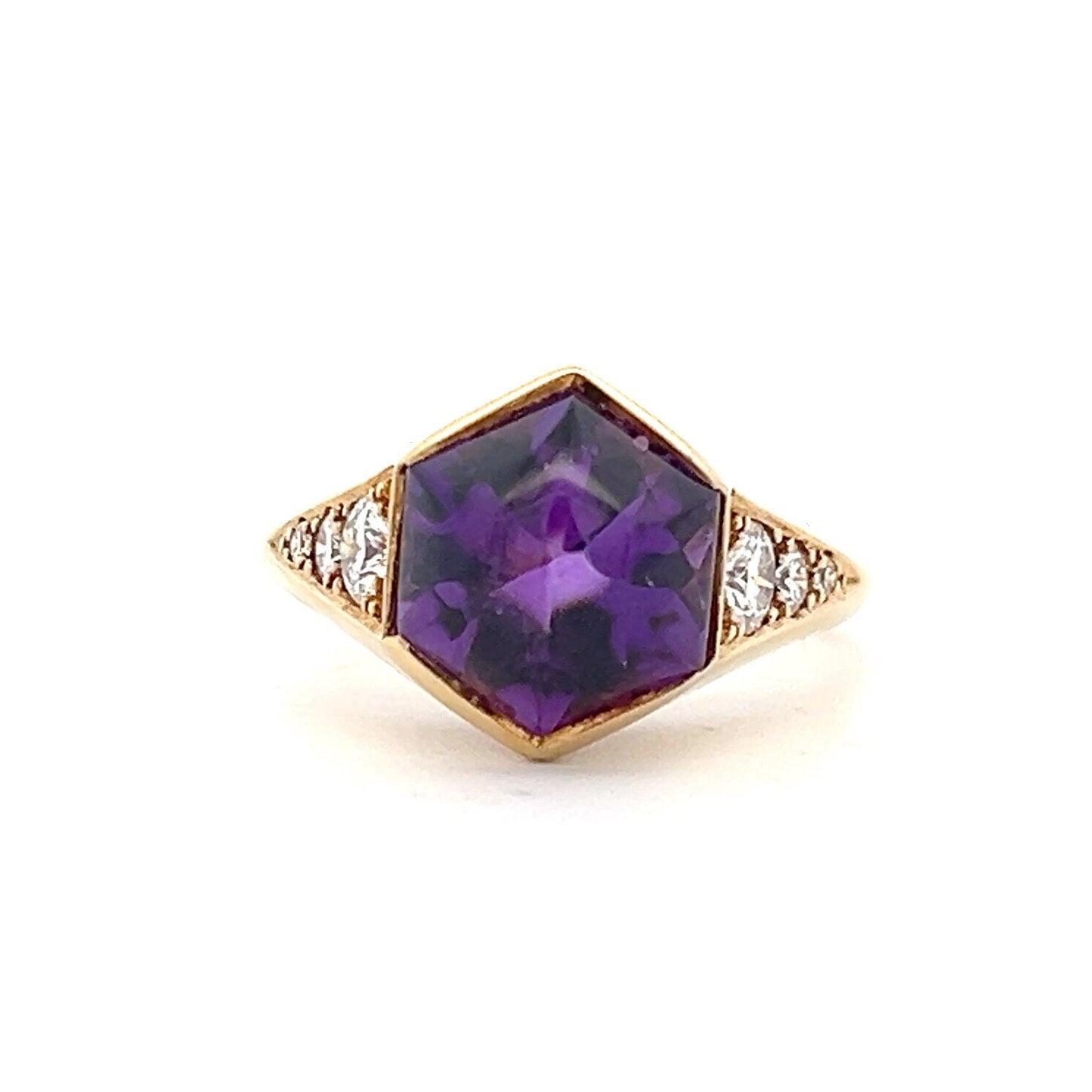 Vintage Cabochon Amethyst and Diamond 18ct Gold Ring. Art Deco Inspired Design.