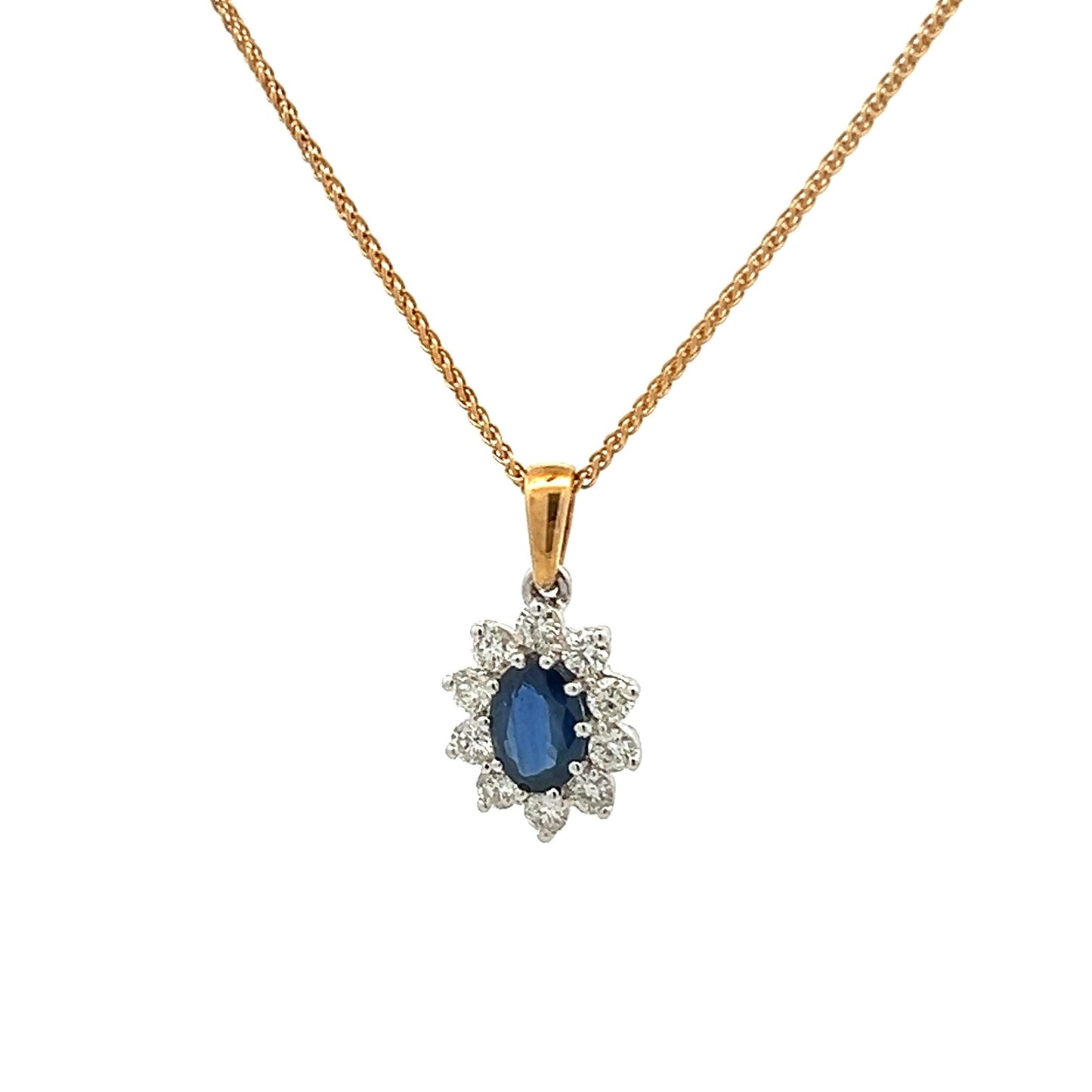 18ct Gold  Sapphire (1.00ct)  and Diamonds (0.50ct) Oval Cluster Pendant & 18ct Chain. Beautiful Blue, Fine Diamonds., Pre- Owned, As New.