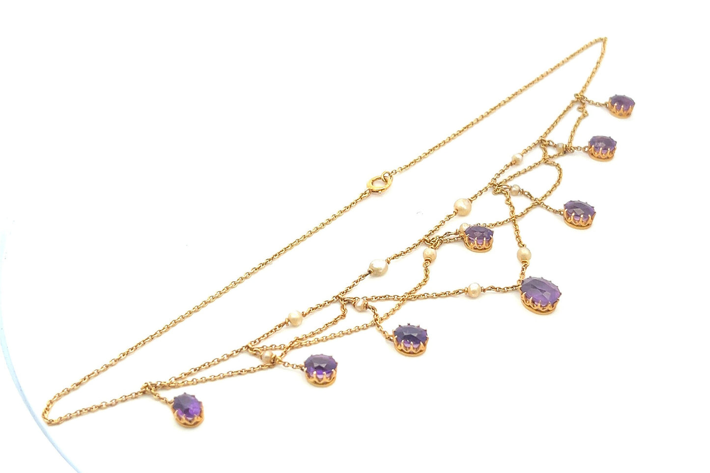 Antique Art Nouveau Amethyst and Seed Pearl 15ct Gold Fringe / Festoon Necklace. Arts & Crafts. Circa 1905