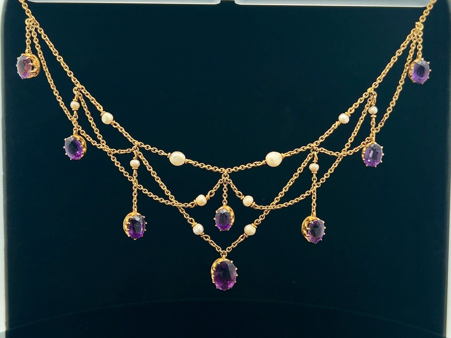 Antique Art Nouveau Amethyst and Seed Pearl 15ct Gold Fringe / Festoon Necklace. Arts & Crafts. Circa 1905