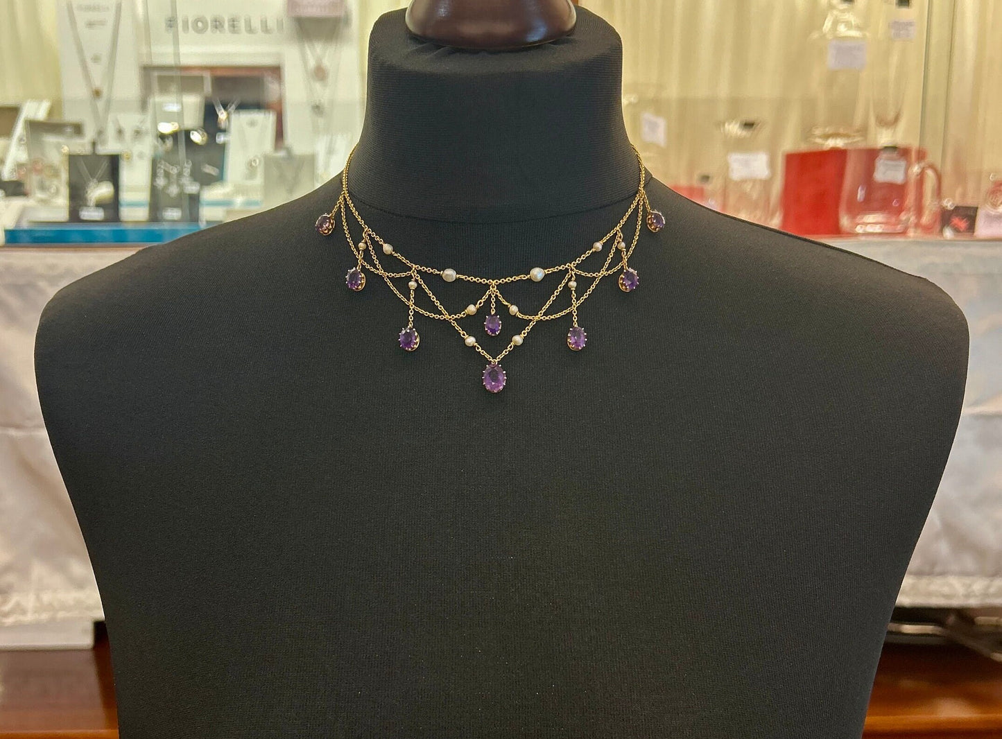 Antique Art Nouveau Amethyst and Seed Pearl 15ct Gold Fringe / Festoon Necklace. Arts & Crafts. Circa 1905