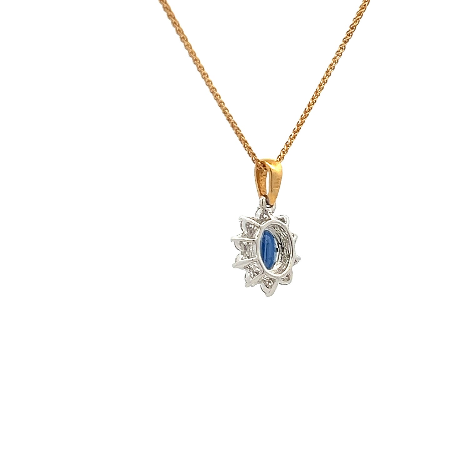 18ct Gold  Sapphire (1.00ct)  and Diamonds (0.50ct) Oval Cluster Pendant & 18ct Chain. Beautiful Blue, Fine Diamonds., Pre- Owned, As New.