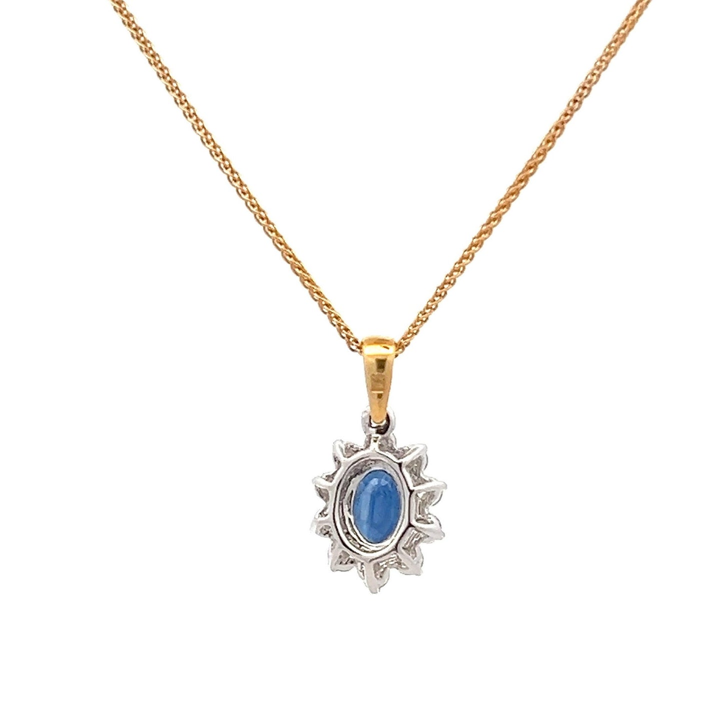 18ct Gold  Sapphire (1.00ct)  and Diamonds (0.50ct) Oval Cluster Pendant & 18ct Chain. Beautiful Blue, Fine Diamonds., Pre- Owned, As New.