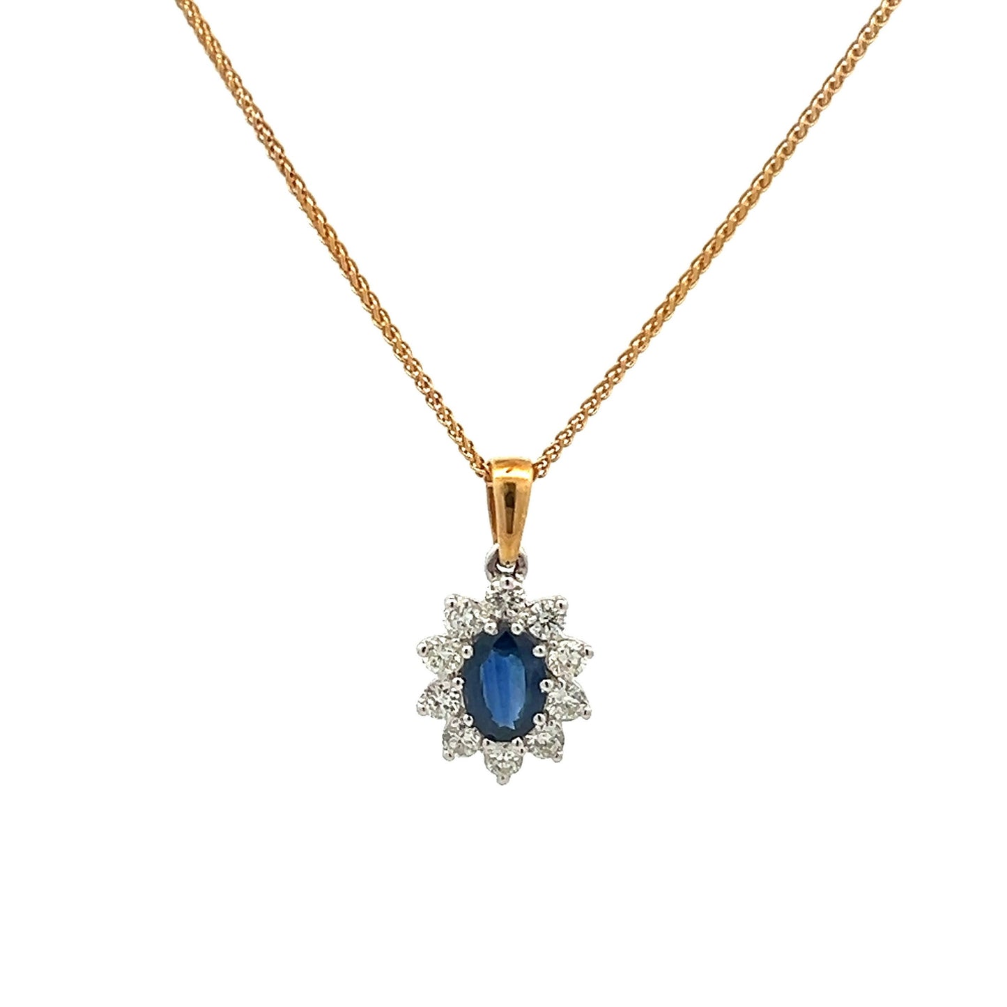 18ct Gold  Sapphire (1.00ct)  and Diamonds (0.50ct) Oval Cluster Pendant & 18ct Chain. Beautiful Blue, Fine Diamonds., Pre- Owned, As New.