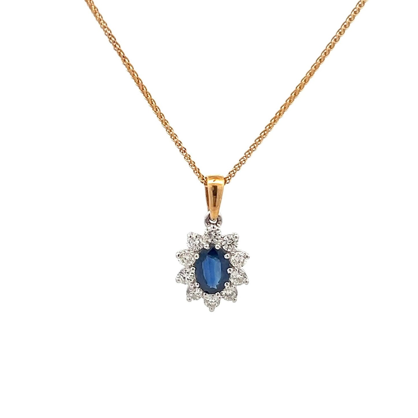 18ct Gold  Sapphire (1.00ct)  and Diamonds (0.50ct) Oval Cluster Pendant & 18ct Chain. Beautiful Blue, Fine Diamonds., Pre- Owned, As New.