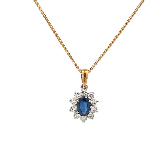 18ct Gold  Sapphire (1.00ct)  and Diamonds (0.50ct) Oval Cluster Pendant & 18ct Chain. Beautiful Blue, Fine Diamonds., Pre- Owned, As New.
