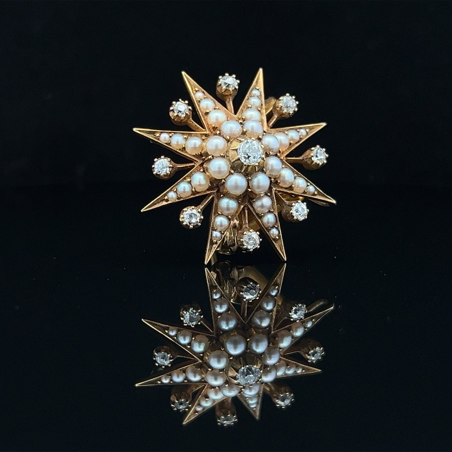 Antique Diamond and Natural Split Pearl High Carat Gold Star Pendant / Brooch in Original Fitted Case. English. Victorian. Circa 1892.