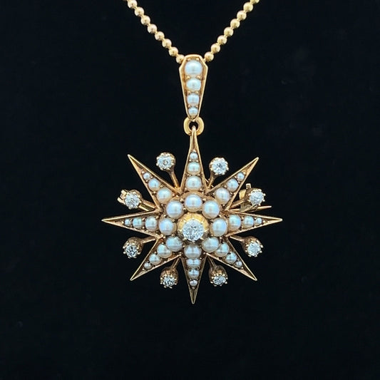 Antique Diamond and Natural Split Pearl High Carat Gold Star Pendant / Brooch in Original Fitted Case. English. Victorian. Circa 1892.