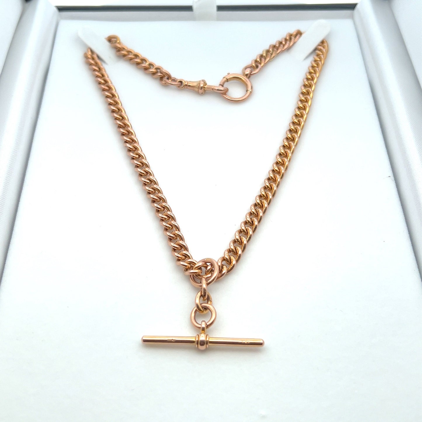 Antique Edwardian 9ct Gold Albert Watch Chain with T-Bar. Curb Link Watch Chain. Dated 1919. Superb Example. 40cm / Almost 16 inches.