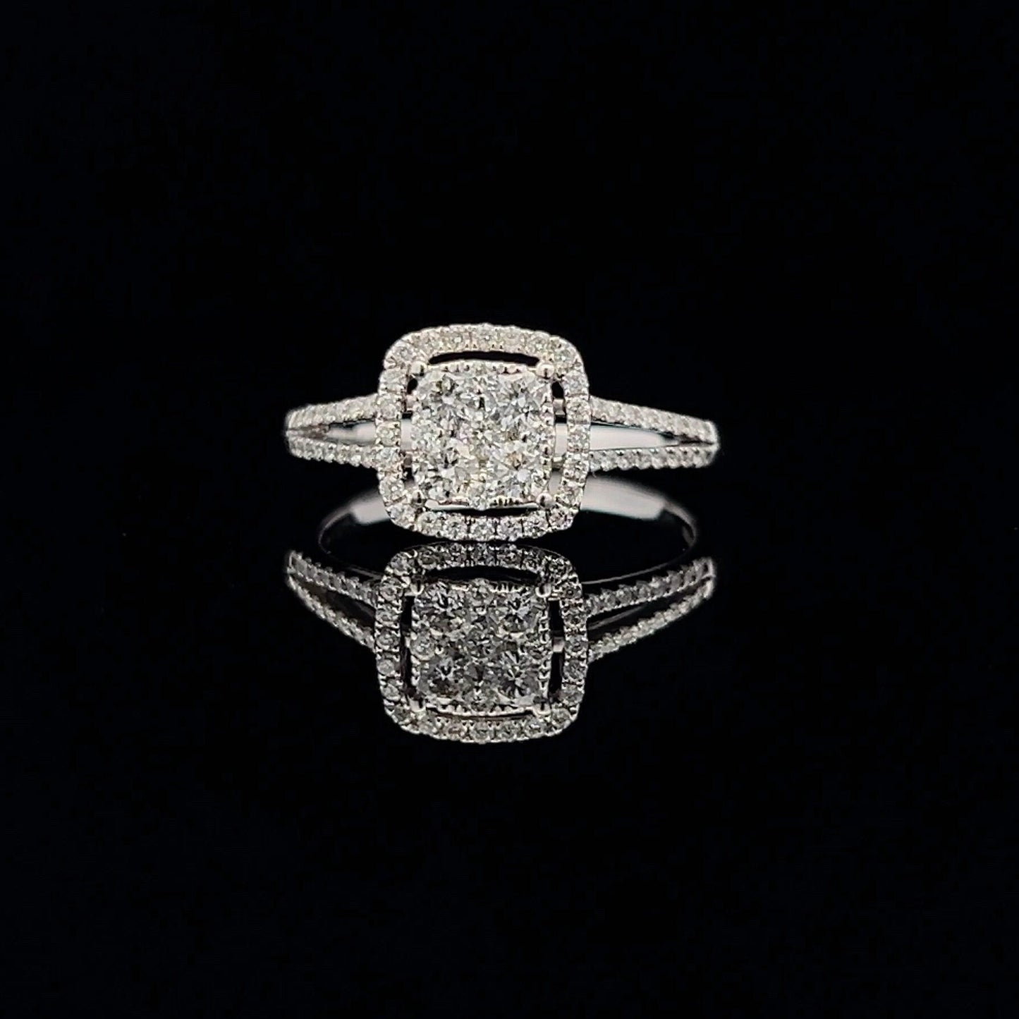 Preloved Natural  Diamond Halo Cluster 18ct White Gold Ring with Diamond Split Shoulders. 0.75 Carat Diamond Cluster Ring.