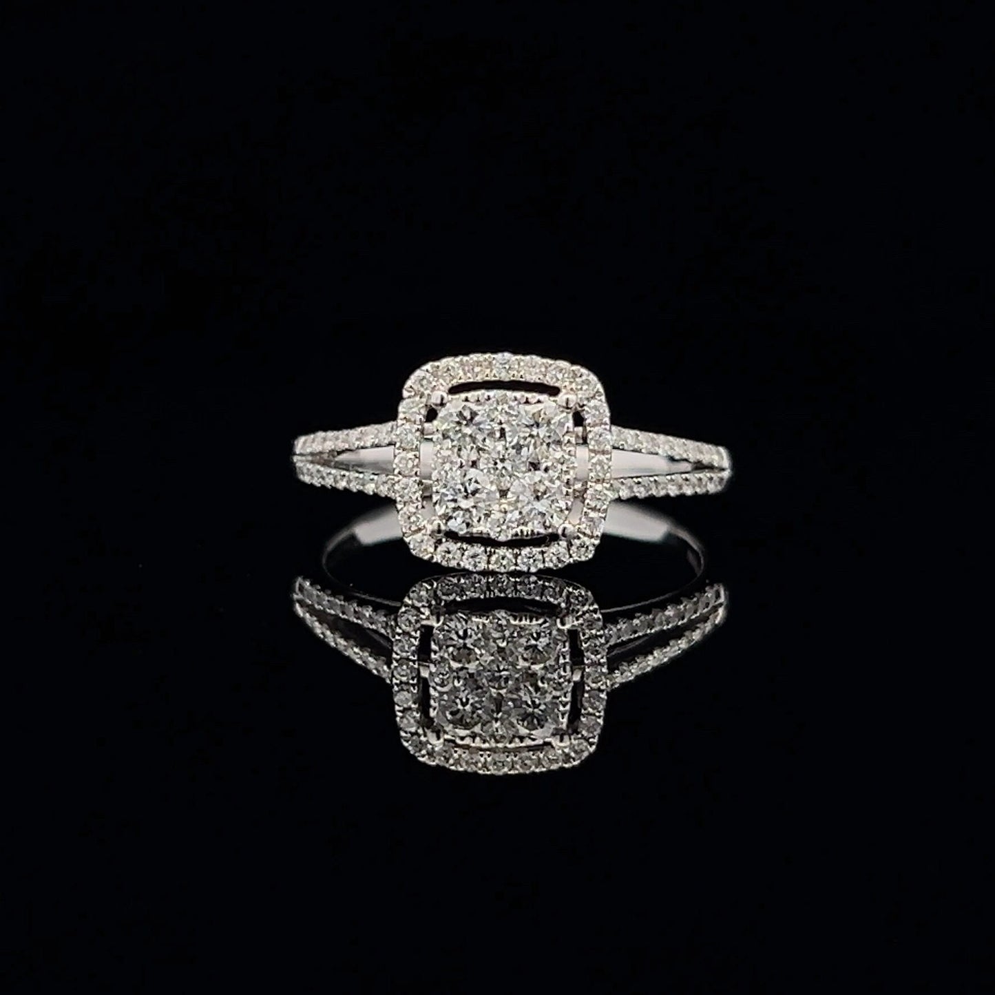 Preloved Natural  Diamond Halo Cluster 18ct White Gold Ring with Diamond Split Shoulders. 0.75 Carat Diamond Cluster Ring.