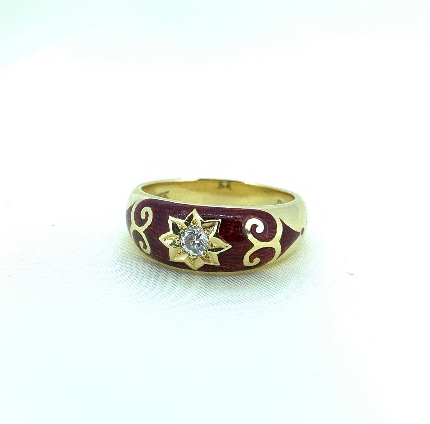 Vintage Diamond and Red Enamel Star Set 18ct Gold Gypsy Ring.  Gypsy Wedding Ring.