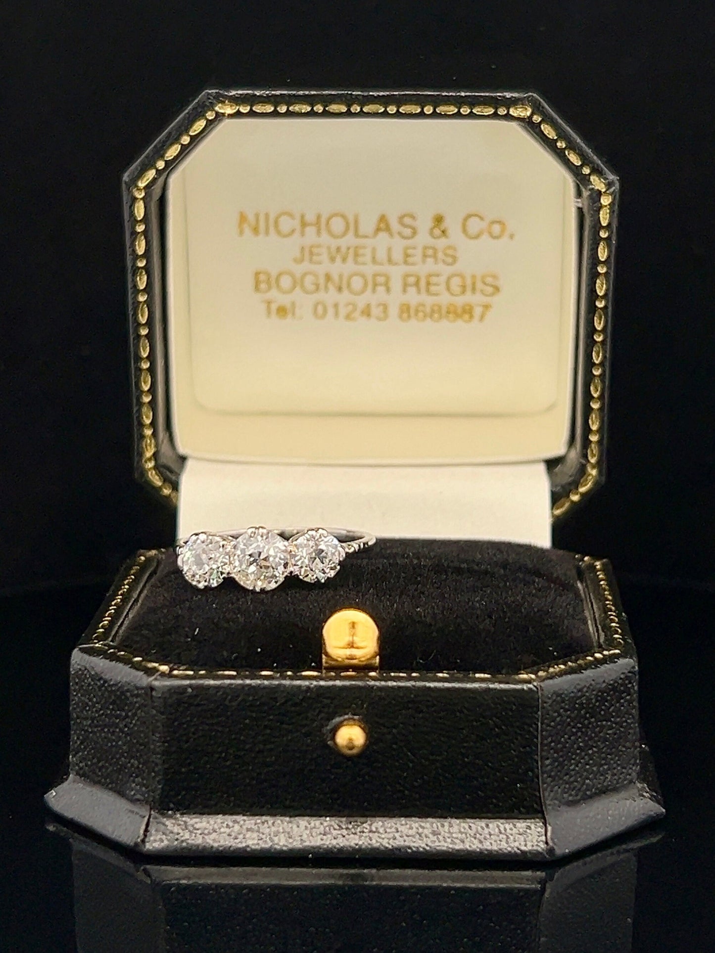 Antique Certificated 1.77 Carat Old European Cut Natural Diamond 3 Stone Platinum Ring. Diamond Trilogy Platinum Ring. English 1910- 1920.