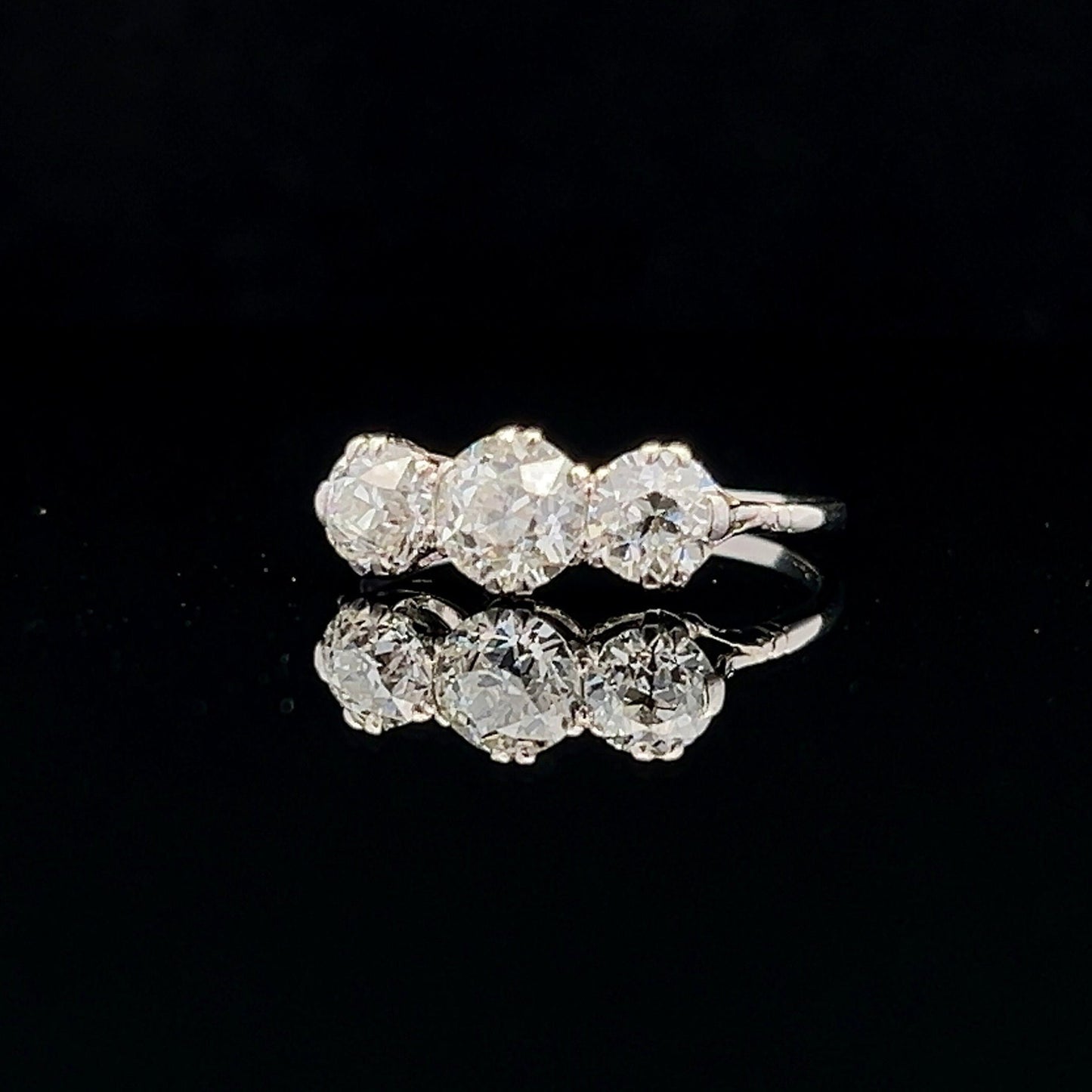Antique Certificated 1.77 Carat Old European Cut Natural Diamond 3 Stone Platinum Ring. Diamond Trilogy Platinum Ring. English 1910- 1920.