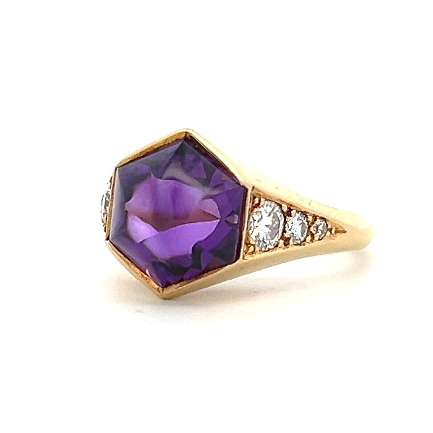 Vintage Cabochon Amethyst and Diamond 18ct Gold Ring. Art Deco Inspired Design.