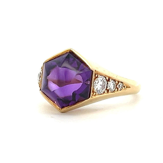 Vintage Cabochon Amethyst and Diamond 18ct Gold Ring. Art Deco Inspired Design.