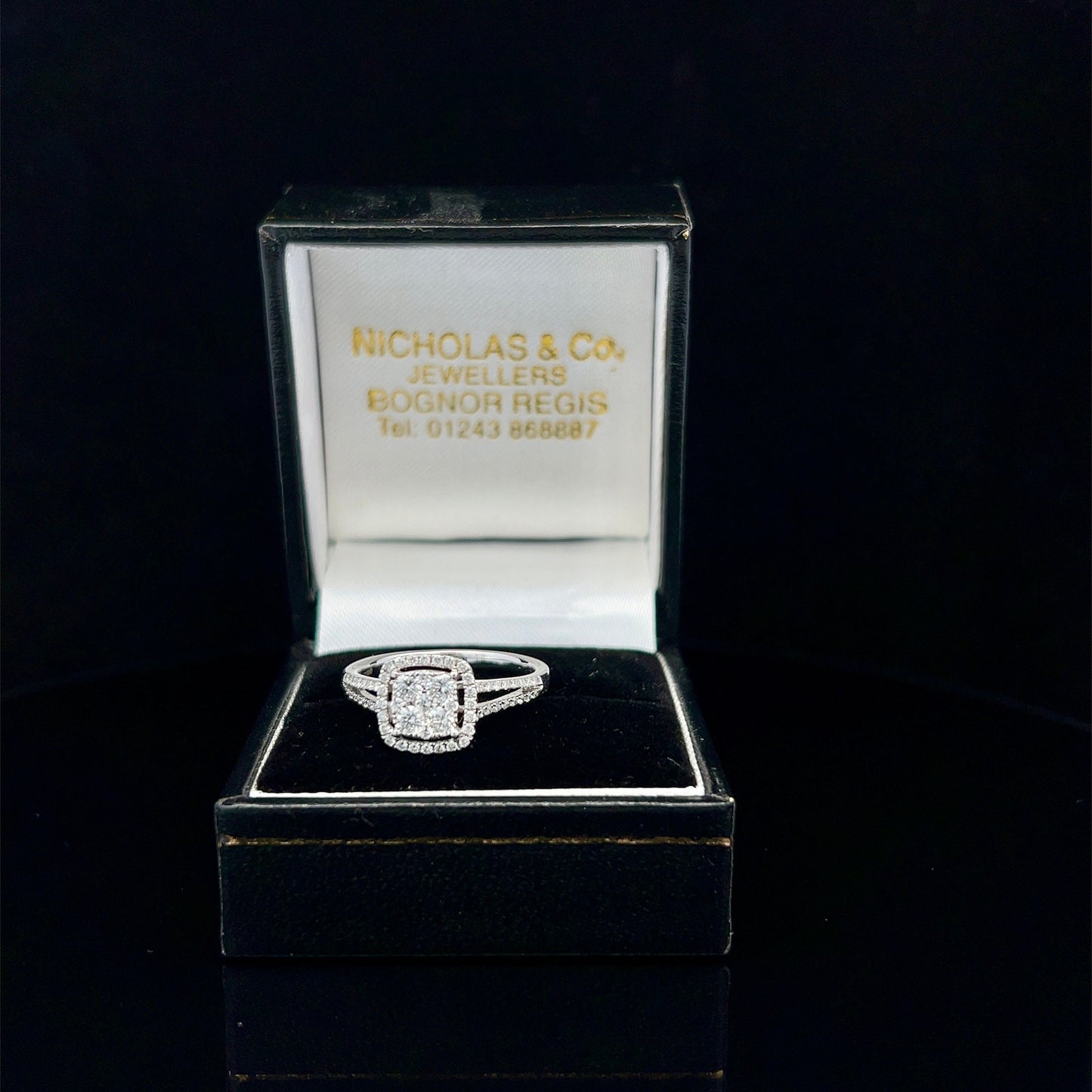 Preloved Natural  Diamond Halo Cluster 18ct White Gold Ring with Diamond Split Shoulders. 0.75 Carat Diamond Cluster Ring.