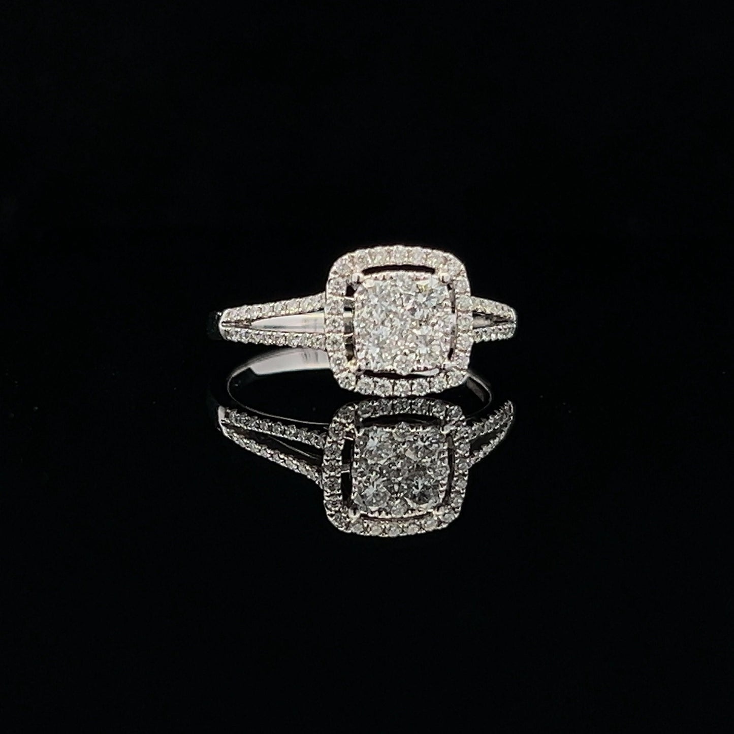 Preloved Natural  Diamond Halo Cluster 18ct White Gold Ring with Diamond Split Shoulders. 0.75 Carat Diamond Cluster Ring.