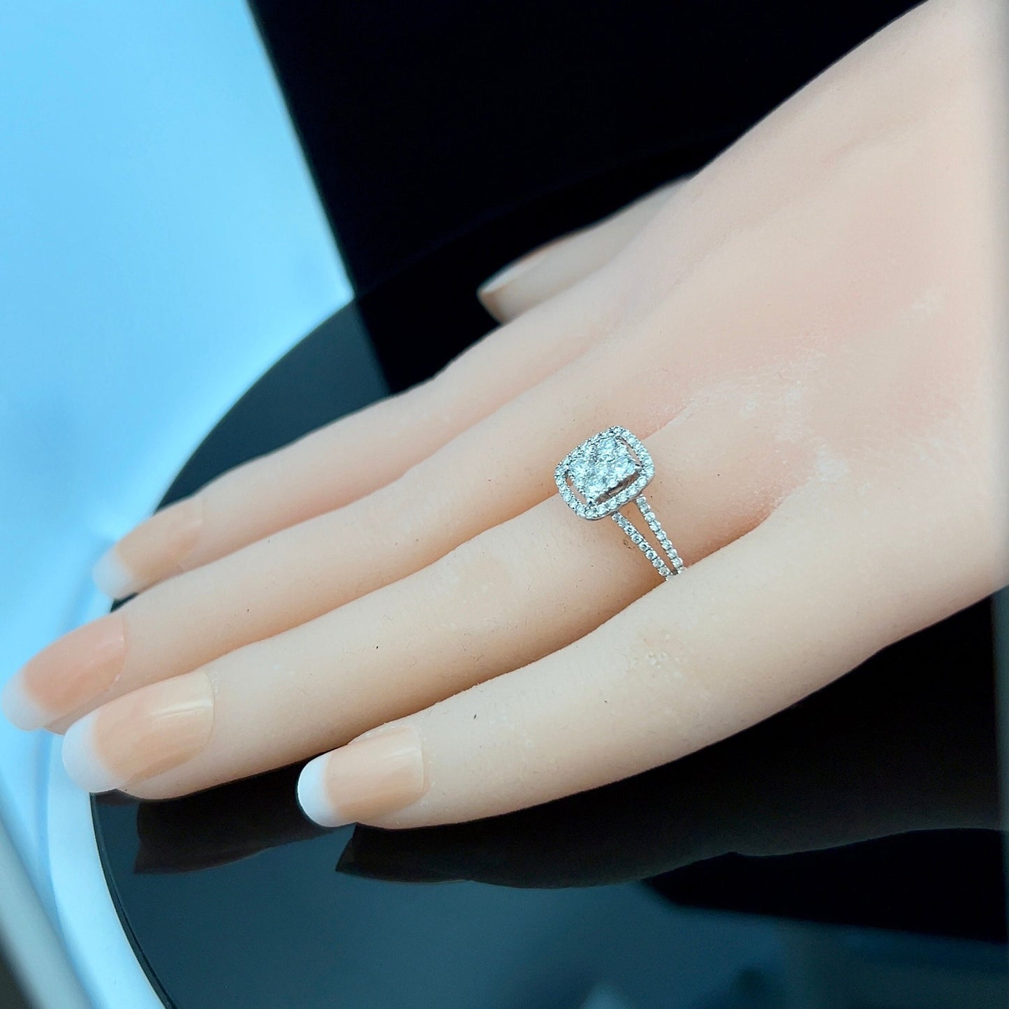 Preloved Natural  Diamond Halo Cluster 18ct White Gold Ring with Diamond Split Shoulders. 0.75 Carat Diamond Cluster Ring.