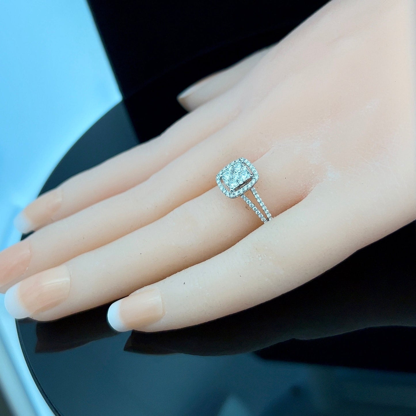 Preloved Natural  Diamond Halo Cluster 18ct White Gold Ring with Diamond Split Shoulders. 0.75 Carat Diamond Cluster Ring.
