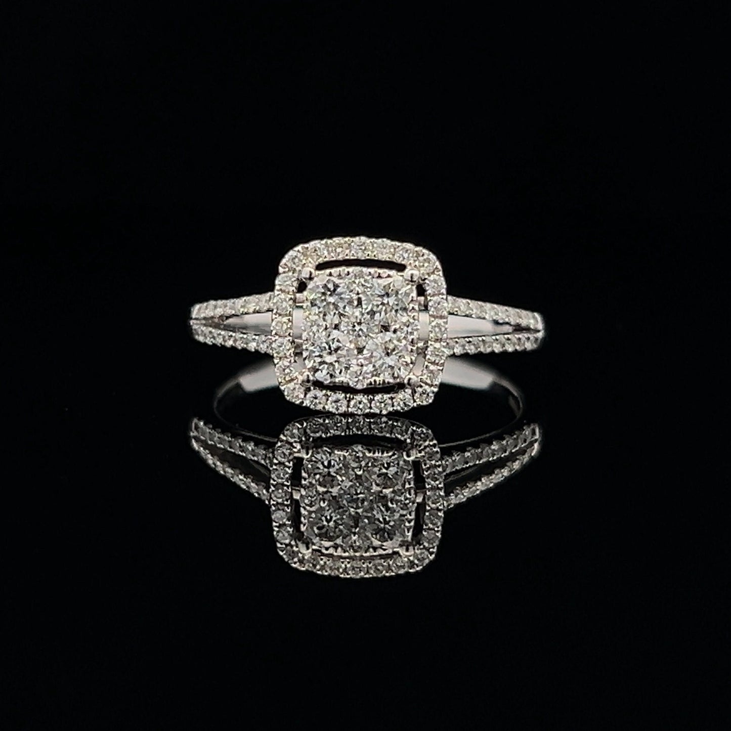 Preloved Natural  Diamond Halo Cluster 18ct White Gold Ring with Diamond Split Shoulders. 0.75 Carat Diamond Cluster Ring.