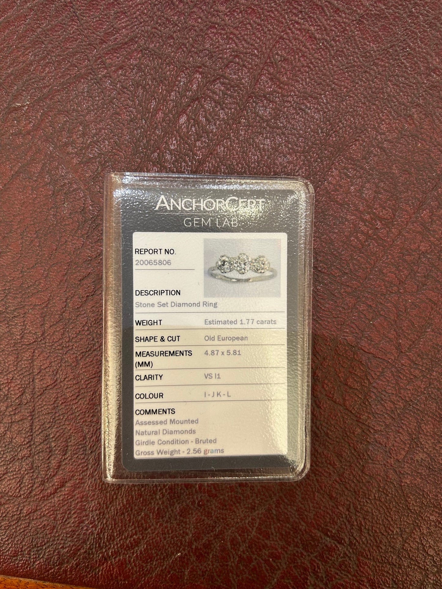 Antique Certificated 1.77 Carat Old European Cut Natural Diamond 3 Stone Platinum Ring. Diamond Trilogy Platinum Ring. English 1910- 1920.