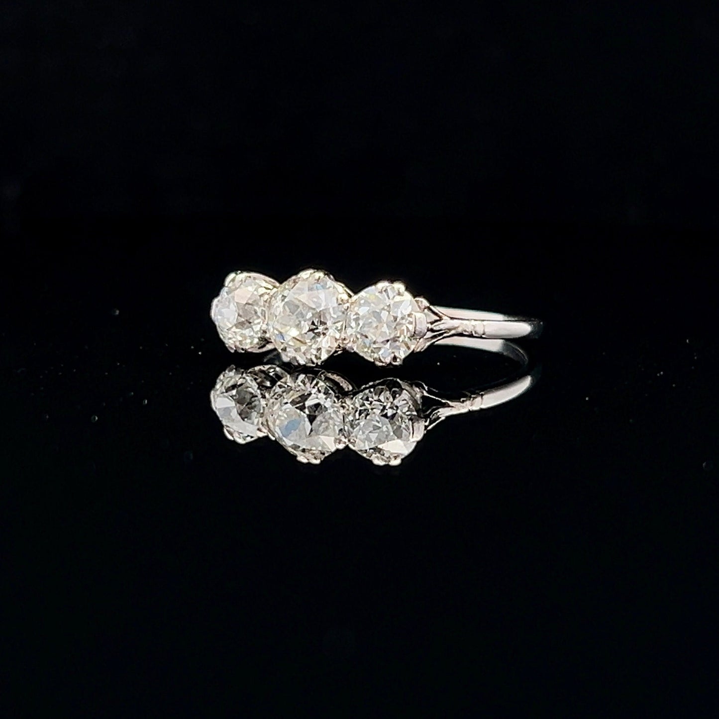 Antique Certificated 1.77 Carat Old European Cut Natural Diamond 3 Stone Platinum Ring. Diamond Trilogy Platinum Ring. English 1910- 1920.