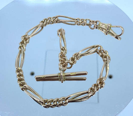 Antique 9ct Rose Gold Watch Chain with T-Bar. Hallmarked 1897.  Single Albert Watch Chain.
