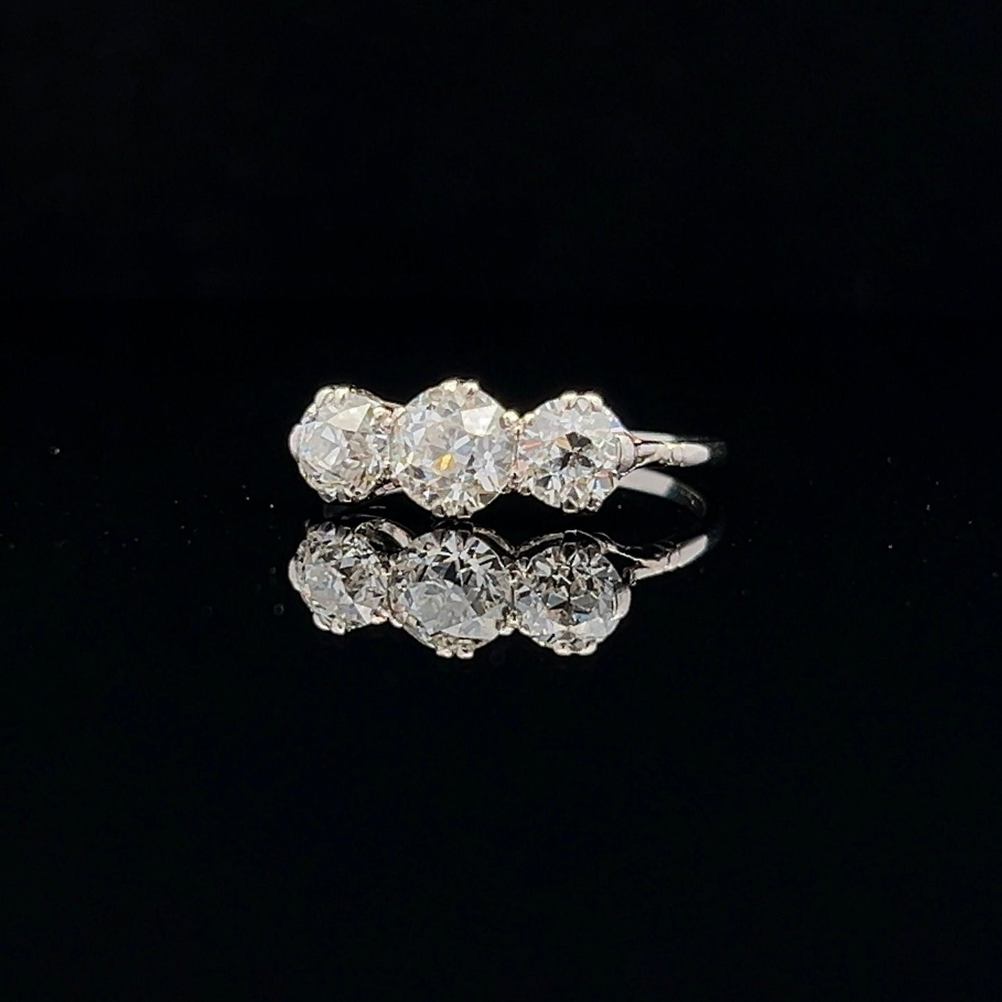 Antique Certificated 1.77 Carat Old European Cut Natural Diamond 3 Stone Platinum Ring. Diamond Trilogy Platinum Ring. English 1910- 1920.