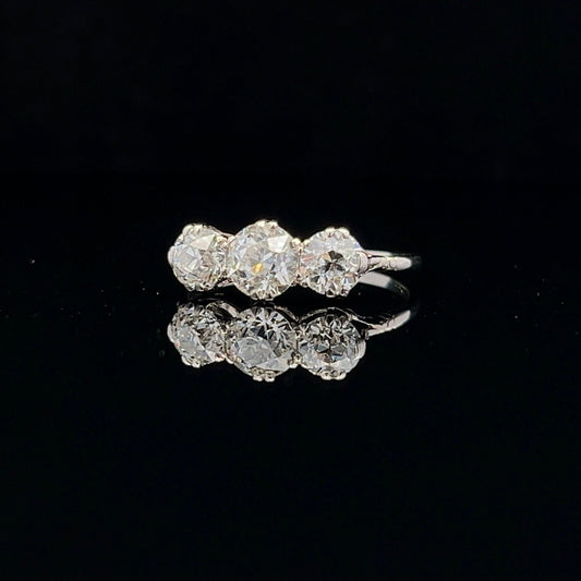 Antique Certificated 1.77 Carat Old European Cut Natural Diamond 3 Stone Platinum Ring. Diamond Trilogy Platinum Ring. English 1910- 1920.