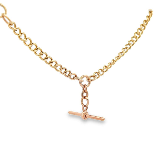 Antique Edwardian 9ct Gold Albert Watch Chain with T-Bar. Graduated Curb Link. Circa 1920. Super Example. 38cm / Almost 15 inches. 42.3g