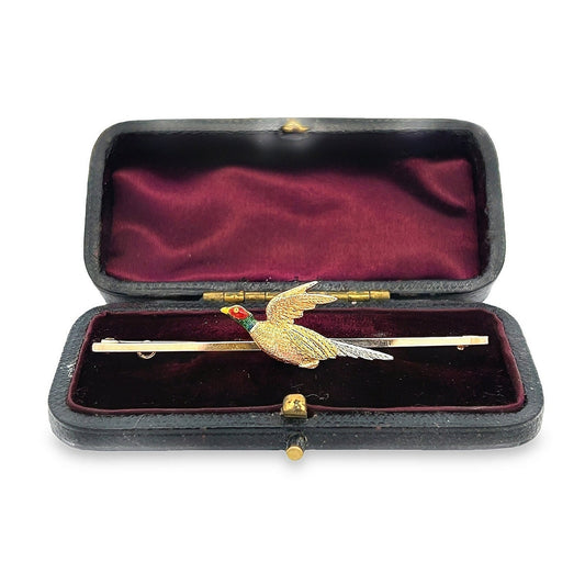 Antique Edwardian 15ct Gold & Platinum, Flying Pheasant Bar Brooch,  Enamelled Head. English Circa 1910's/20's. Nice Example. Original Case.