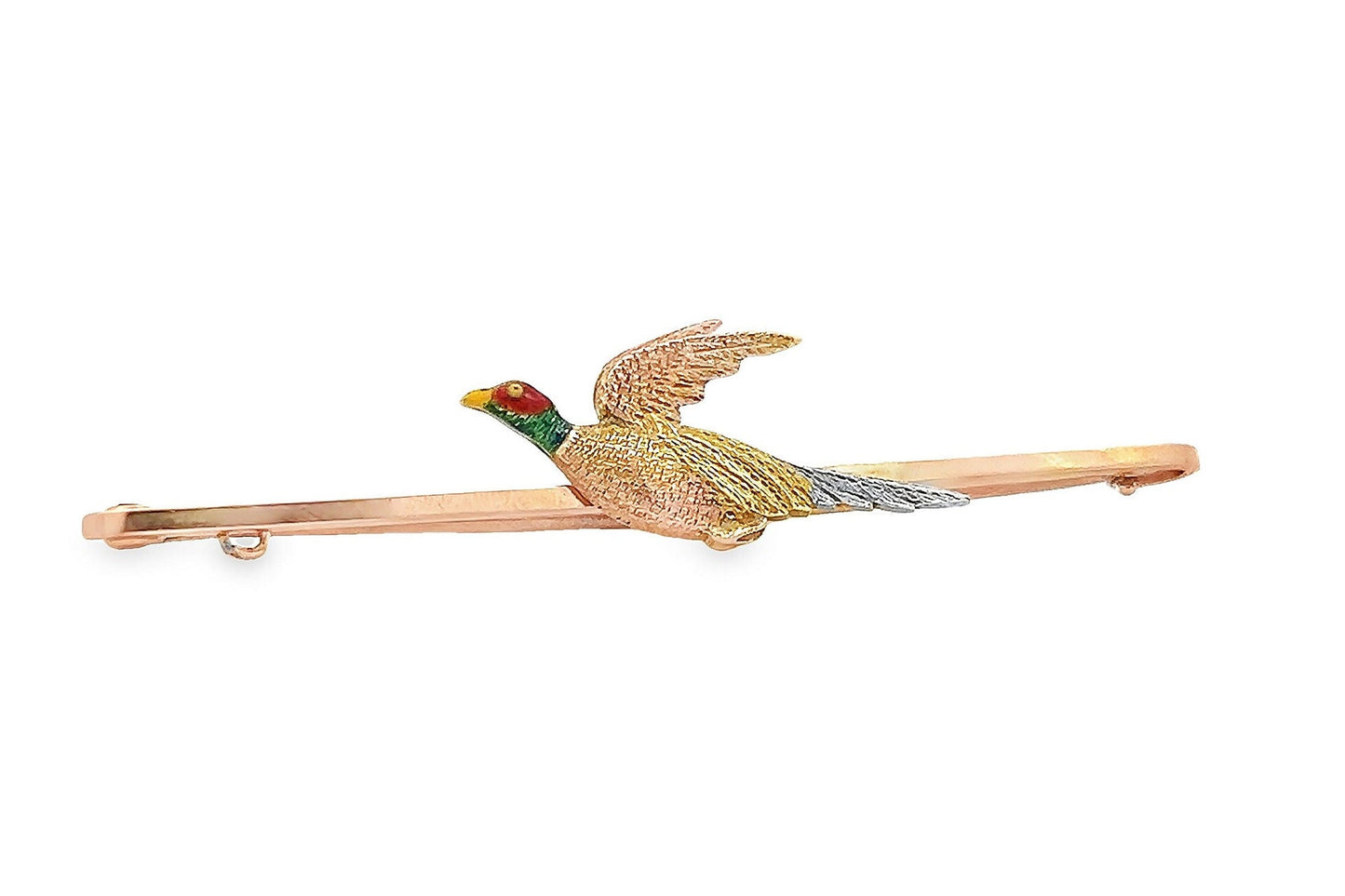 Antique Edwardian 15ct Gold & Platinum, Flying Pheasant Bar Brooch,  Enamelled Head. English Circa 1910's/20's. Nice Example. Original Case.