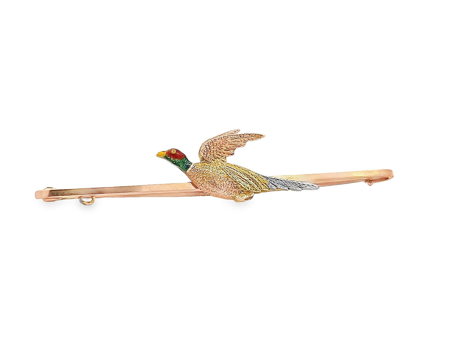 Antique Edwardian 15ct Gold & Platinum, Flying Pheasant Bar Brooch,  Enamelled Head. English Circa 1910's/20's. Nice Example. Original Case.