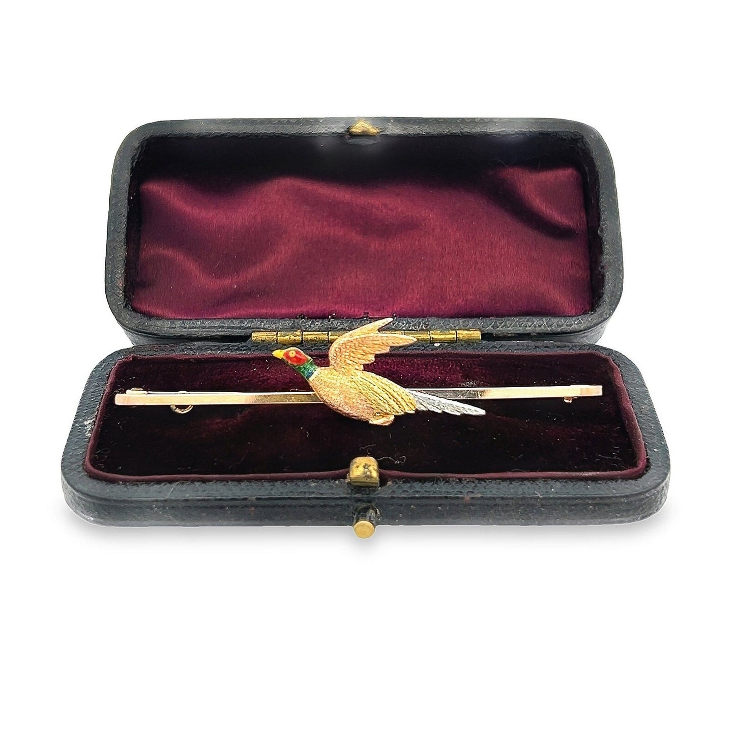 Antique Edwardian 15ct Gold & Platinum, Flying Pheasant Bar Brooch,  Enamelled Head. English Circa 1910's/20's. Nice Example. Original Case.