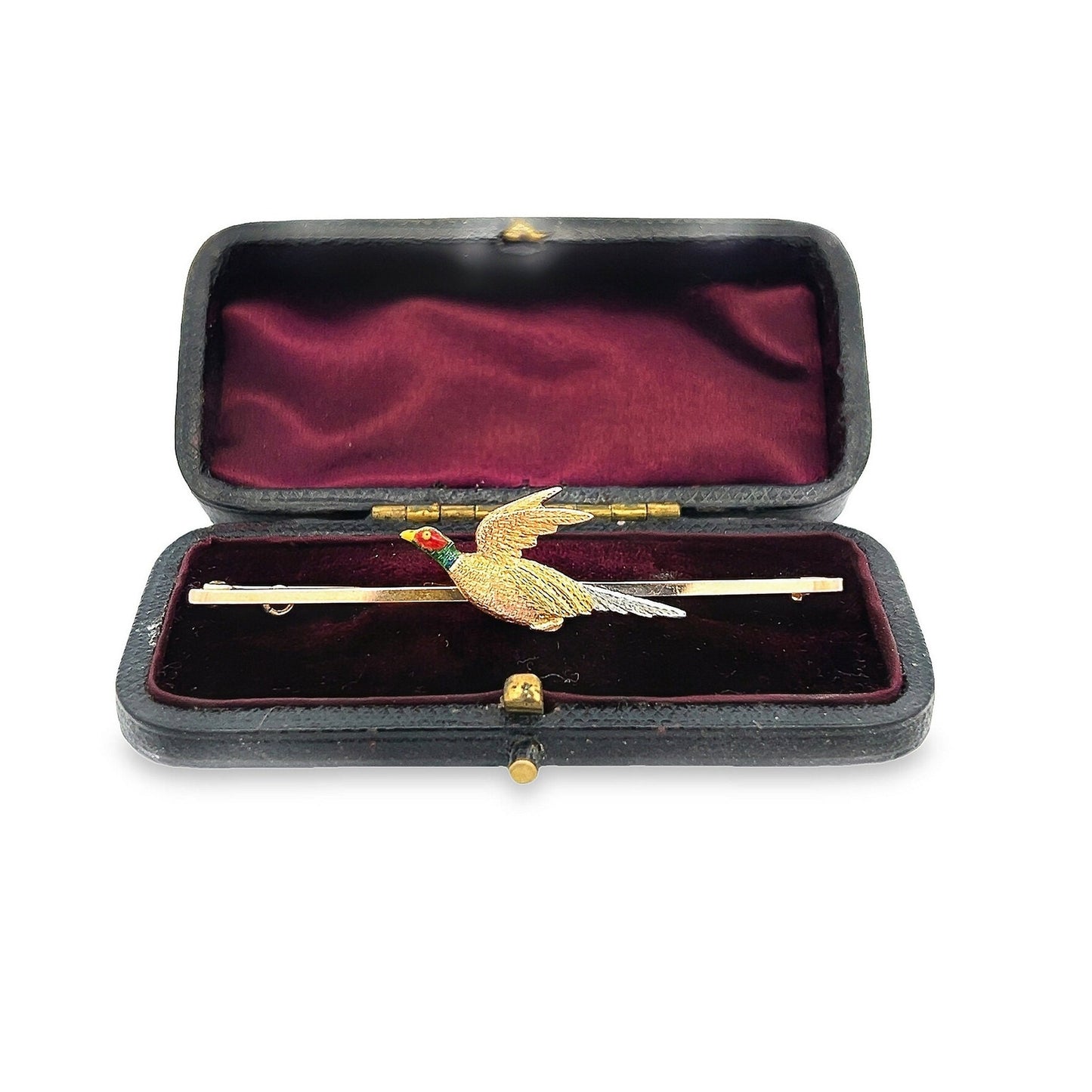 Antique Edwardian 15ct Gold & Platinum, Flying Pheasant Bar Brooch,  Enamelled Head. English Circa 1910's/20's. Nice Example. Original Case.