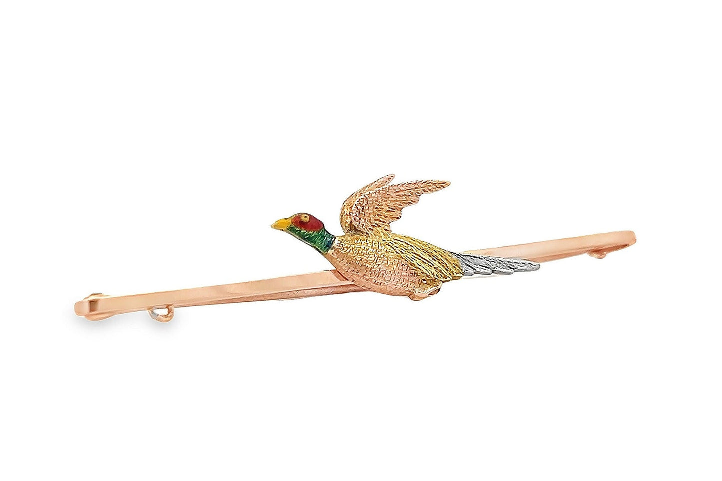 Antique Edwardian 15ct Gold & Platinum, Flying Pheasant Bar Brooch,  Enamelled Head. English Circa 1910's/20's. Nice Example. Original Case.