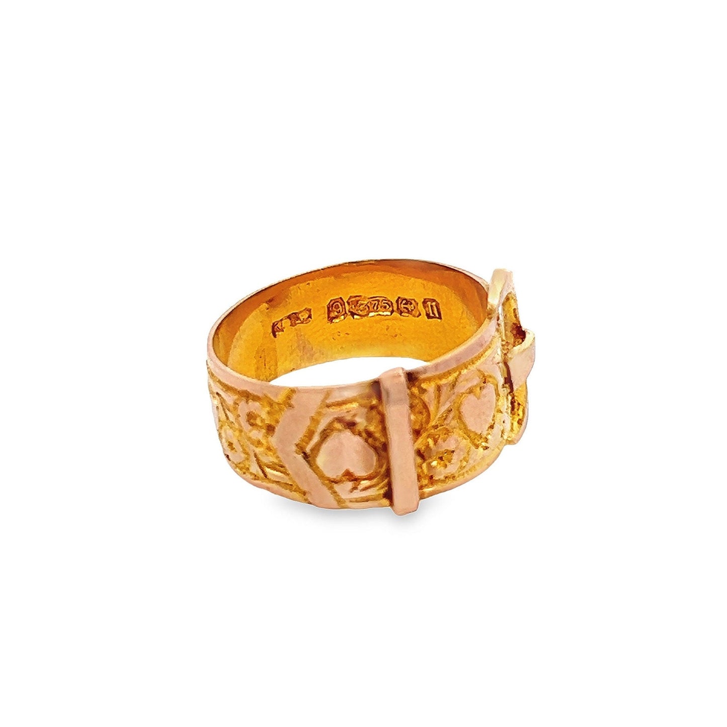 Antique Edwardian 9ct Gold Buckle Ring with Hearts Motif. Birmingham 1912. Superb Crisp Example.