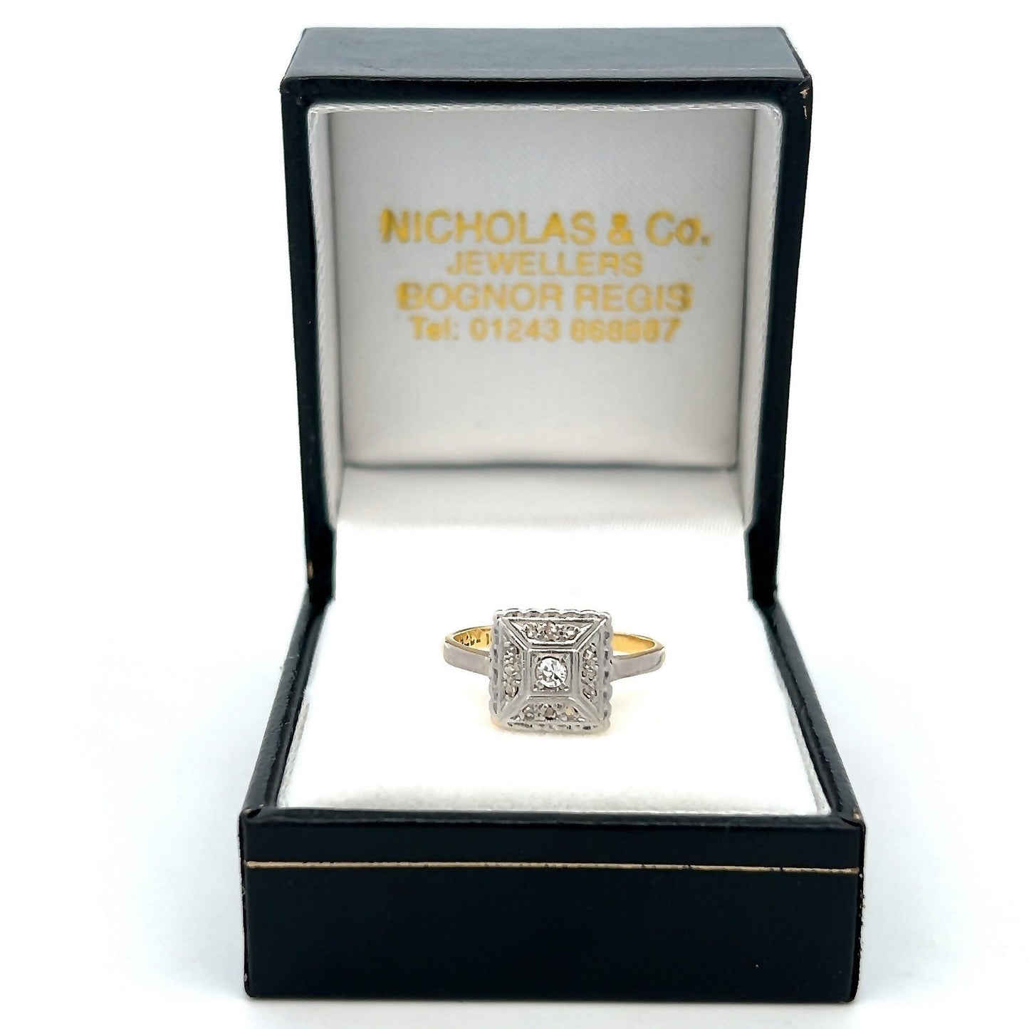 Antique Art Deco Diamond 18ct Gold and Platinum 'Tablet'  Ring. English Circa 1920 - 1930