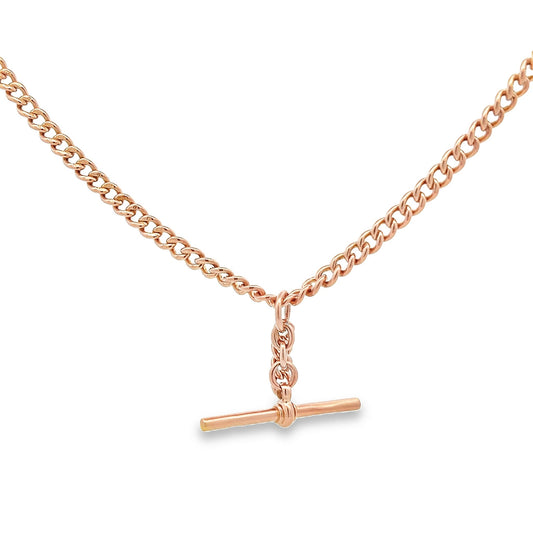 Antique 9ct Rose Gold Albert Watch Chain with T-Bar. Graduated Curb Link. Birmingham 1929. 15.25 Inches or 38.7cm in Length.