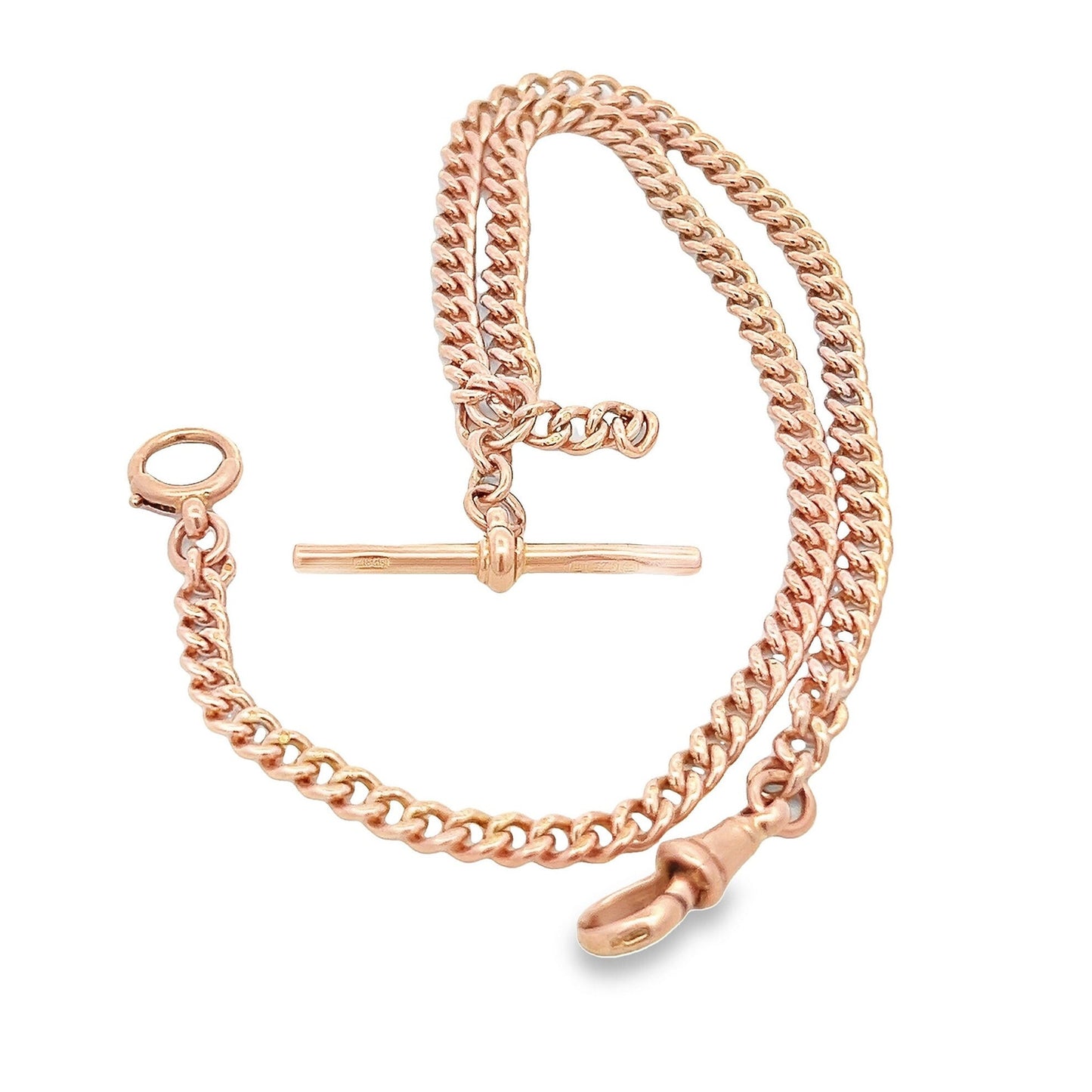 Antique 9ct Rose Gold Albert Watch Chain with T-Bar. Graduated Curb Link. Birmingham 1929. 15.25 Inches or 38.7cm in Length.