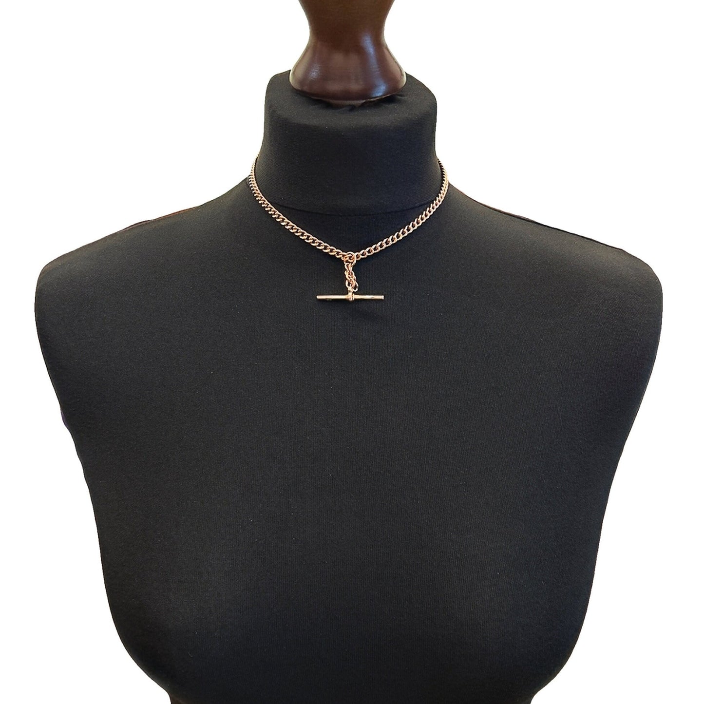 Antique 9ct Rose Gold Albert Watch Chain with T-Bar. Graduated Curb Link. Birmingham 1929. 15.25 Inches or 38.7cm in Length.