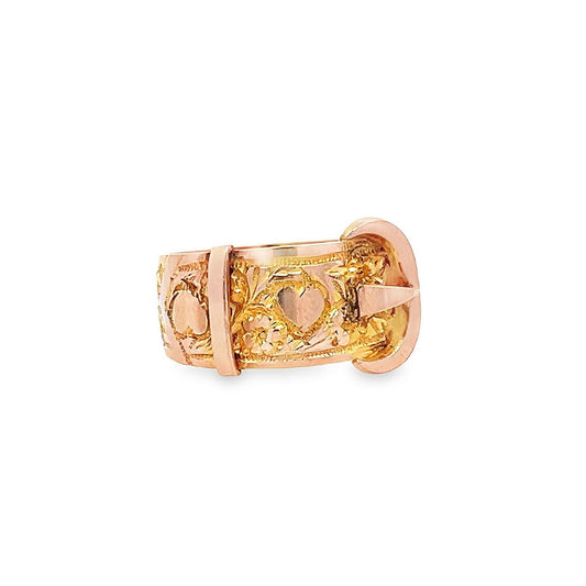 Antique Edwardian 9ct Gold Buckle Ring with Hearts Motif. Birmingham 1912. Superb Crisp Example.