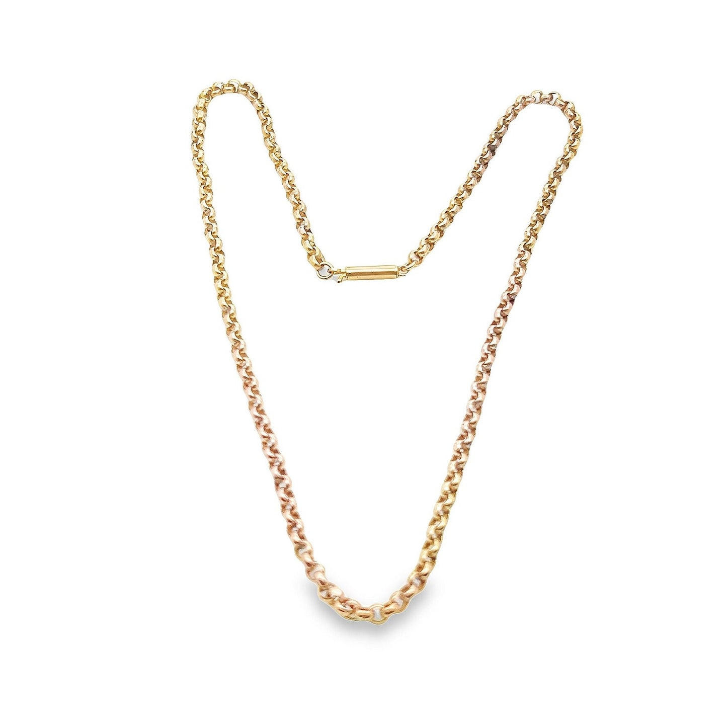 Antique 9ct Yellow Gold Edwardian Faceted Round Belcher Chain. Circa 1900, Excellent Condition, Big Barrel Clasp. 17 inches.