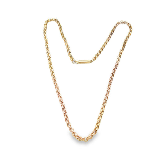 Antique 9ct Yellow Gold Edwardian Faceted Round Belcher Chain. Circa 1900, Excellent Condition, Big Barrel Clasp. 17 inches.