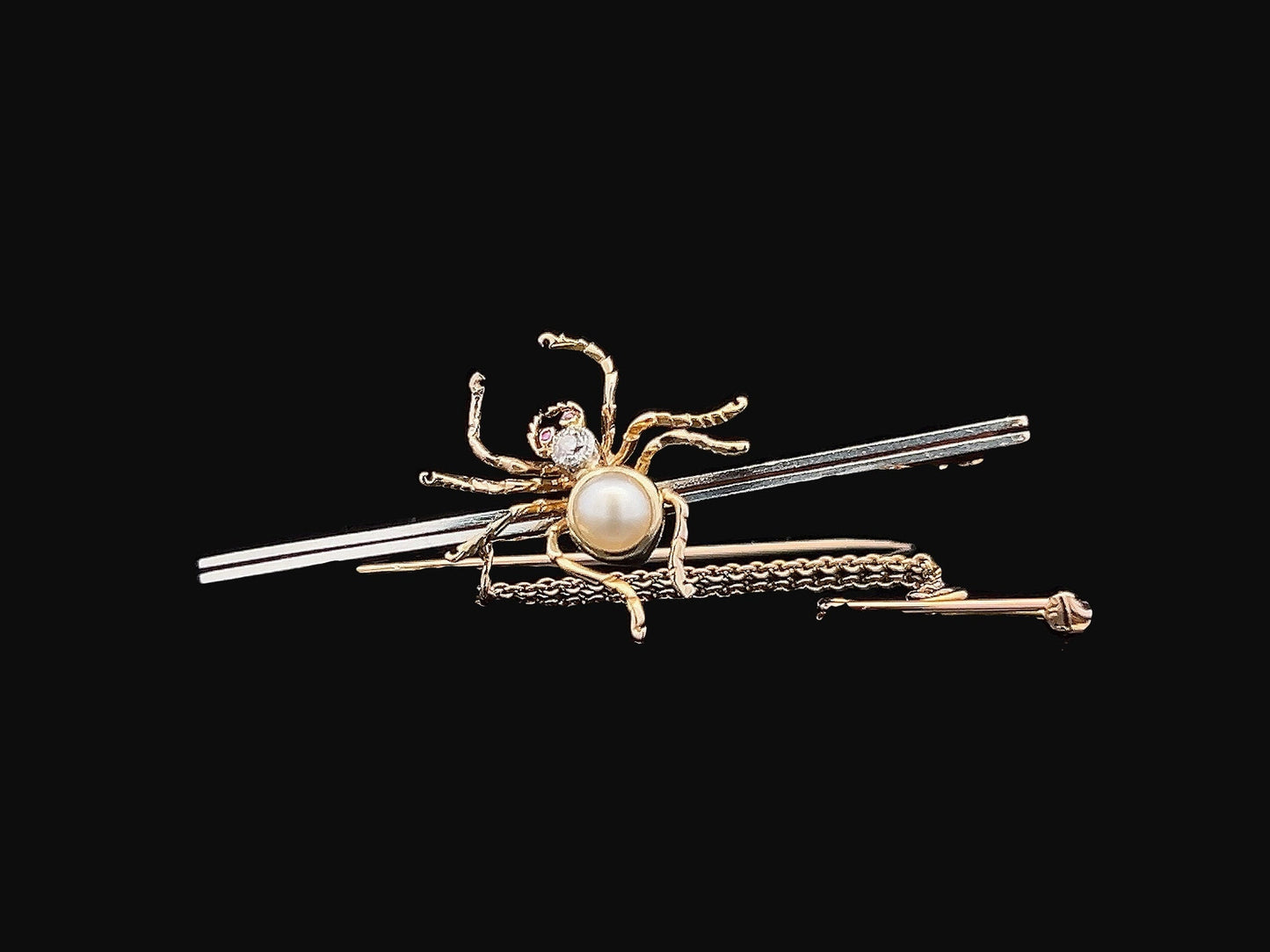 Antique Diamond, Pearl and Ruby 15ct Gold and Platinum Spider Bar Brooch. English Circa 1900-1920. Late Victorian / Edwardian.