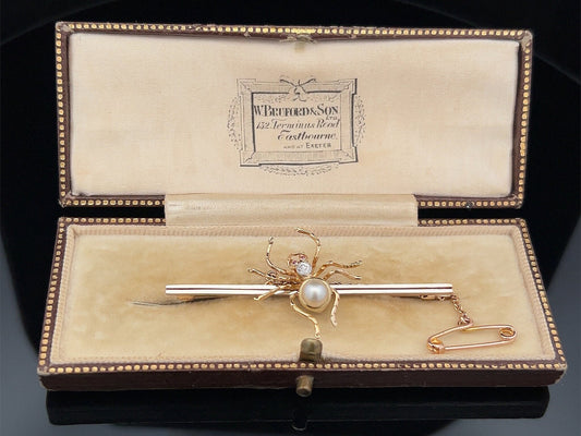Antique Diamond, Pearl and Ruby 15ct Gold and Platinum Spider Bar Brooch. English Circa 1900-1920. Late Victorian / Edwardian.