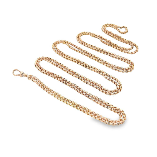 Antique 9ct Rose Gold Guard Chain. Victorian Gold Muff Chain, Long Chain. English Circa 1890. 65 Inches.